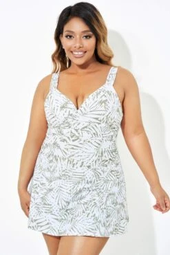 Fashionable Leaf Printed Twist Front Underwire Swimdress -Bikini Bliss Shop b desd084001 1