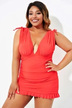 Solid Red Ruffle Adjustable Ruched Swimdress 10 Solid Red Ruffle Adjustable Ruched Swimdress -Bikini Bliss Shop b desd087002 4 1
