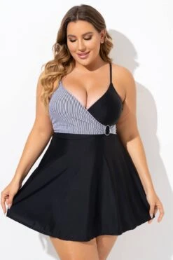 Black And White V-Neck Striped Wrap Swimdress -Bikini Bliss Shop b desd094001 3