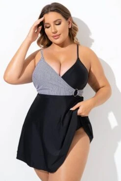 Black And White V-Neck Striped Wrap Swimdress -Bikini Bliss Shop b desd094001 5