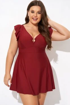 Red V-neckline Frilled Cap Sleeves Swimdress -Bikini Bliss Shop b desd111001 4