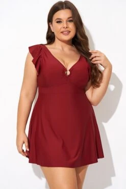 Red V-neckline Frilled Cap Sleeves Swimdress -Bikini Bliss Shop b desd111001 5