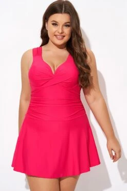Red V-neck Twist Front Shirred Underwire Swimdress -Bikini Bliss Shop b desd112001 3