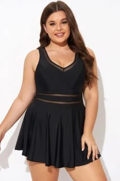 Black V-neck Wide Strap Crochet Detail Swimdress -Bikini Bliss Shop b desd113001 1