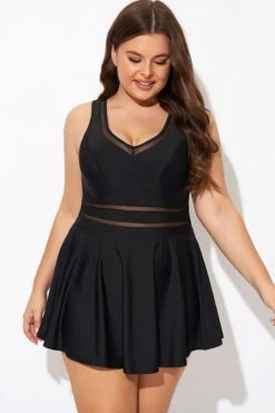 Black V-neck Wide Strap Crochet Detail Swimdress -Bikini Bliss Shop b desd113001 4