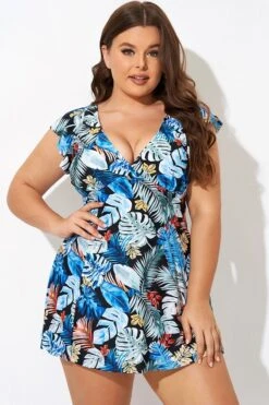 Leaf Print V-neckline Angel Sleeve Swimdress -Bikini Bliss Shop b desd116001 4