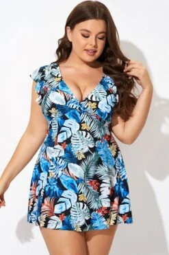 Leaf Print V-neckline Angel Sleeve Swimdress -Bikini Bliss Shop b desd116001 5