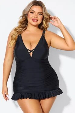 Black V-neck Tummy Control Ruched Swimdress -Bikini Bliss Shop b desd117001 3