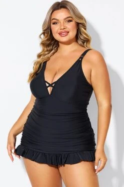 Black V-neck Tummy Control Ruched Swimdress -Bikini Bliss Shop b desd117001 4