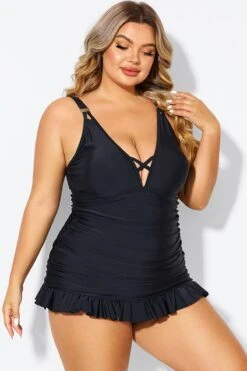 Black V-neck Tummy Control Ruched Swimdress -Bikini Bliss Shop b desd117001 5