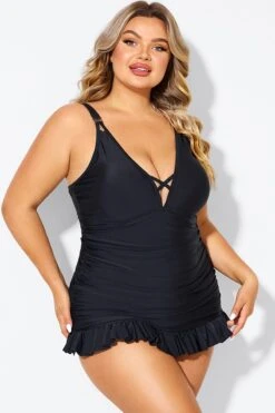 Black V-neck Tummy Control Ruched Swimdress -Bikini Bliss Shop b desd117001 6
