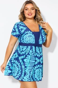 Tribal Print Cyan Short Sleeve Women Swimdress 11 Tribal Print Cyan Short Sleeve Women Swimdress -Bikini Bliss Shop b desd118001 6