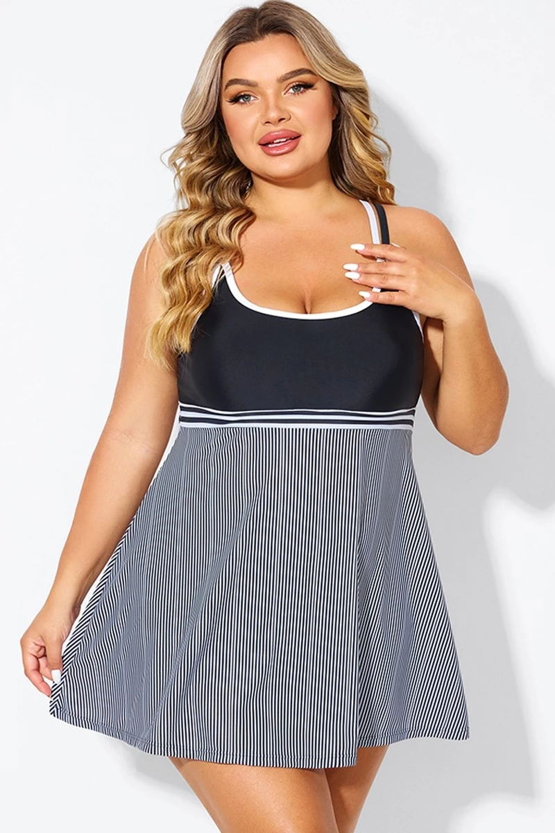 Black & White Criss Cross Striped Double Strap Swimdress 1 Black & White Criss Cross Striped Double Strap Swimdress