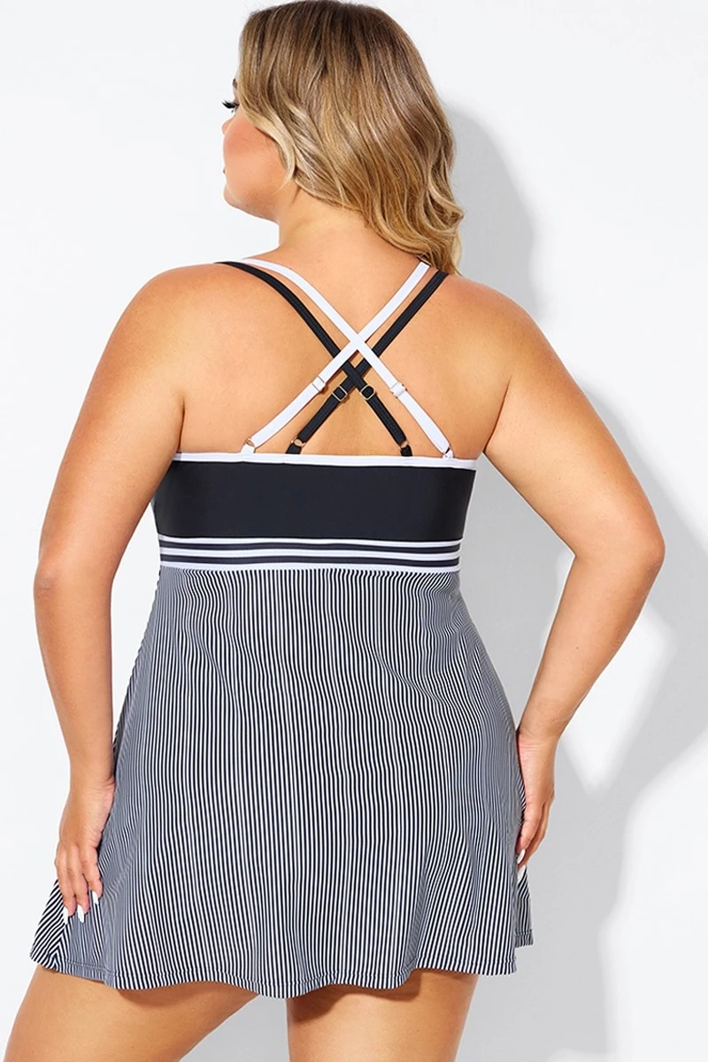 Black & White Criss Cross Striped Double Strap Swimdress 2 Black & White Criss Cross Striped Double Strap Swimdress - Image 2