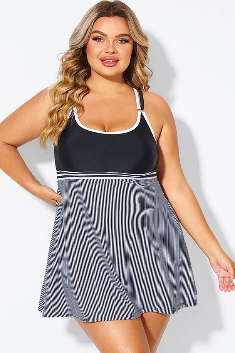 Black & White Criss Cross Striped Double Strap Swimdress 3 Black & White Criss Cross Striped Double Strap Swimdress - Image 3