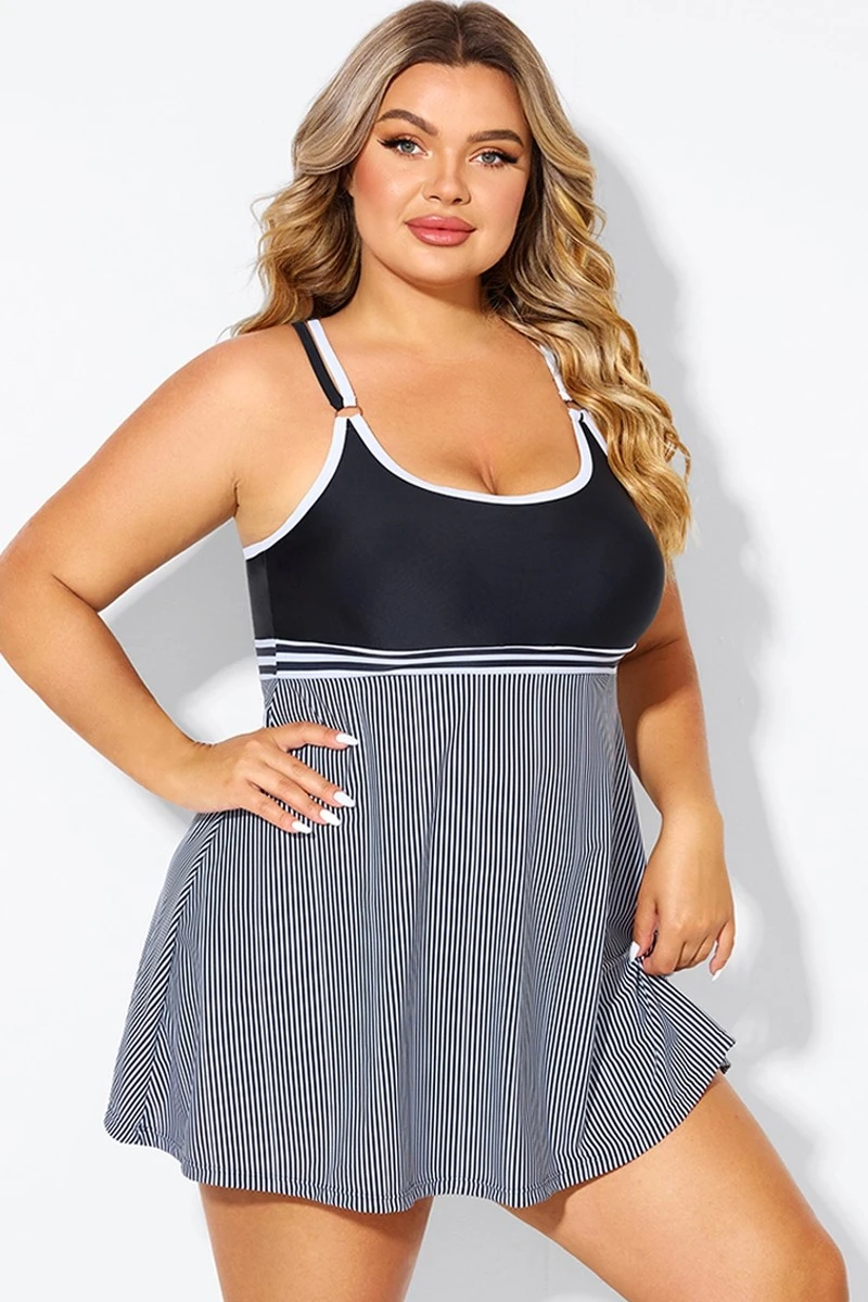 Black & White Criss Cross Striped Double Strap Swimdress 5 Black & White Criss Cross Striped Double Strap Swimdress - Image 5