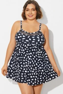 White Polka Dots Print Mesh Panel Swimdress