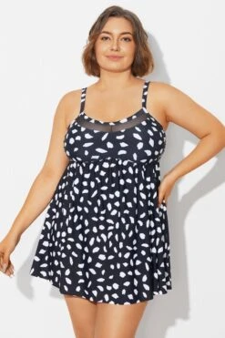 White Polka Dots Print Mesh Panel Swimdress -Bikini Bliss Shop b desd120001 3