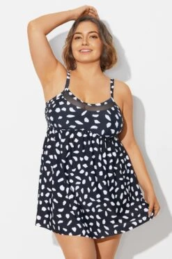 White Polka Dots Print Mesh Panel Swimdress -Bikini Bliss Shop b desd120001 5