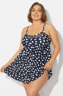 White Polka Dots Print Mesh Panel Swimdress -Bikini Bliss Shop b desd120001 6