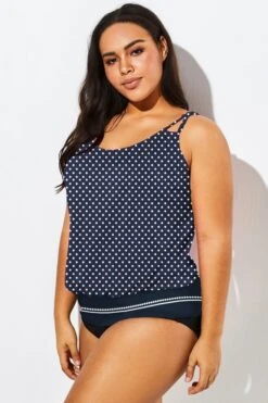 Navy Polka Dots Side Tie Blouson Tankini Top -Bikini Bliss Shop b detan010004 33