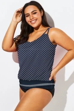Navy Polka Dots Side Tie Blouson Tankini Top -Bikini Bliss Shop b detan010004 44