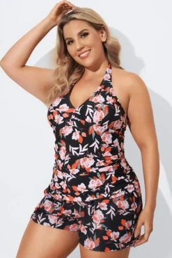 Floral Printed Self-tie Halter Shirred Tankini Set 7 Floral Printed Self-tie Halter Shirred Tankini Set -Bikini Bliss Shop b detan027003 4