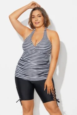 Plus Size Striped V-Neck Halterneck Shirred Tankini Top -Bikini Bliss Shop b detan027009 3