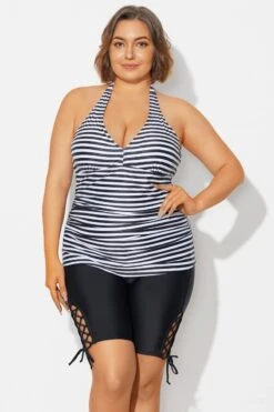 Plus Size Striped V-Neck Halterneck Shirred Tankini Top -Bikini Bliss Shop b detan027009 4