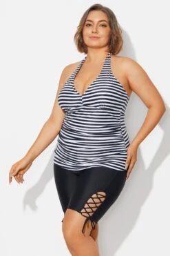 Plus Size Striped V-Neck Halterneck Shirred Tankini Top -Bikini Bliss Shop b detan027009 5