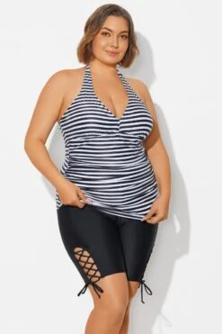 Plus Size Striped V-Neck Halterneck Shirred Tankini Top -Bikini Bliss Shop b detan027009 6