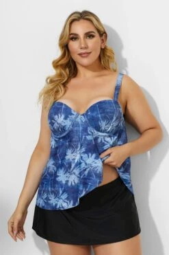 Palm Leaves Printed Sweetheart Neckline Underwire Tankini Set -Bikini Bliss Shop b detan031002 2