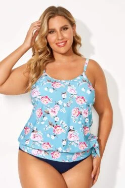 Floral Printed Self-tie Halter Straps Tankini Top -Bikini Bliss Shop b detan053002 3