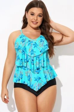 Flower Printed V-neck Ruffle Women Tankini Top -Bikini Bliss Shop b detan076007 3 1