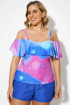 Square Collar Tie Dye Underwire Adjustable Straps Tankini Top -Bikini Bliss Shop b detan086002 3