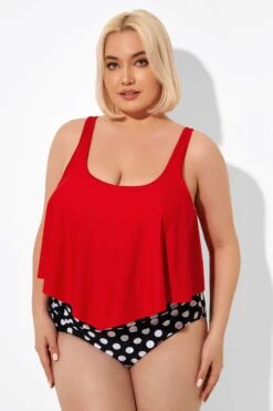 Red Ruched Flounce U-neck Blouson Tankini Top -Bikini Bliss Shop b detan129001 4