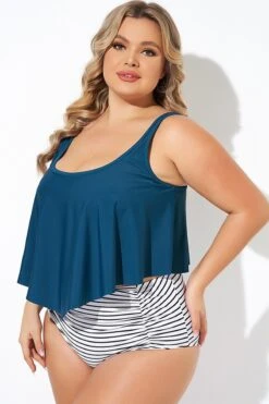 Blue Scoopneck Ruched Flounce Blouson Tankini Top -Bikini Bliss Shop b detan129002 4