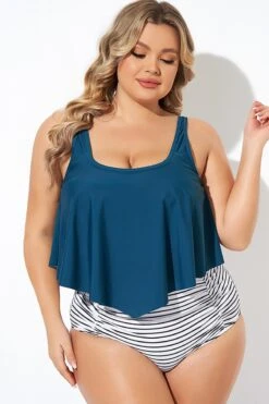 Blue Scoopneck Ruched Flounce Blouson Tankini Top -Bikini Bliss Shop b detan129002 5