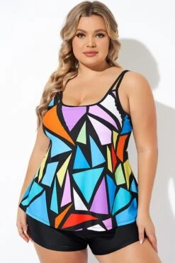 Colorful Adjustable Strap Geometric Print Tankini Top -Bikini Bliss Shop b detan167001 4