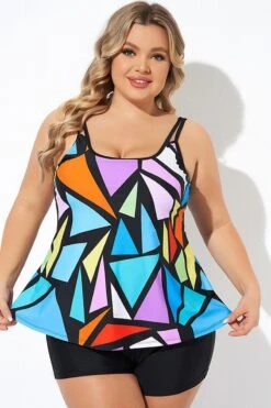 Colorful Adjustable Strap Geometric Print Tankini Top -Bikini Bliss Shop b detan167001 5