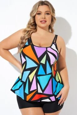 Colorful Adjustable Strap Geometric Print Tankini Top -Bikini Bliss Shop b detan167001 6