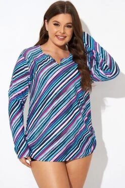 Multi Watercolor Stripe Split-Neck Long Sleeve Tankini Top -Bikini Bliss Shop b detan173001 5