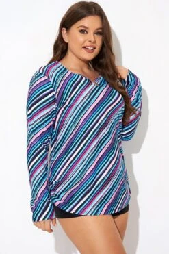 Multi Watercolor Stripe Split-Neck Long Sleeve Tankini Top -Bikini Bliss Shop b detan173001 6