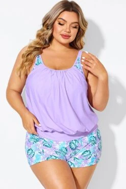 Plus Size Floral Print Light Purple Tankini Top -Bikini Bliss Shop b detan175001 4