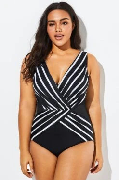 Black V-Neck Streak Modern One Piece Swimsuit -Bikini Bliss Shop b sfop1911012 1