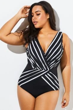 Black V-Neck Streak Modern One Piece Swimsuit -Bikini Bliss Shop b sfop1911012 4