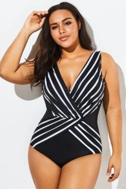 Black V-Neck Streak Modern One Piece Swimsuit -Bikini Bliss Shop b sfop1911012 6