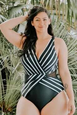 Black V-Neck Streak Modern One Piece Swimsuit -Bikini Bliss Shop b sfop1911012 7