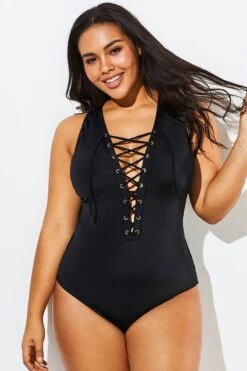 Black Lace Up One Piece Open Back Swimsuit -Bikini Bliss Shop b sfop1911058 1
