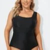 Black Square Neckline Straps One Piece Swimsuit